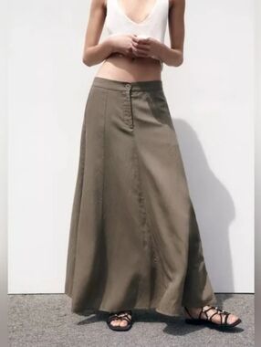 Zara Olive-Green Linen Blend Flared Maxi Skirt